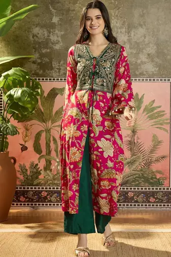 women floral printed layered mirror work kurta with palazzos & with dupatta