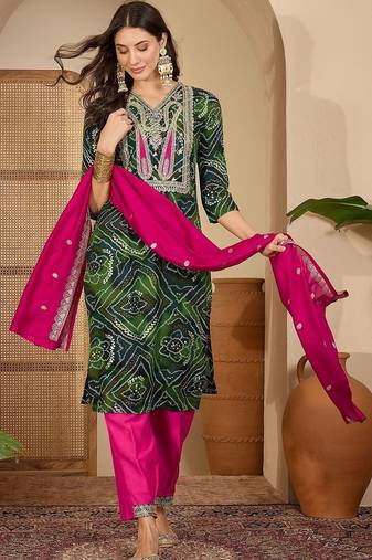 women bandhani printed regular thread work kurta with pyjamas & with dupatta