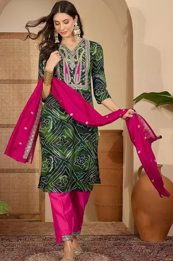 women bandhani printed regular thread work kurta with pyjamas & with dupatta