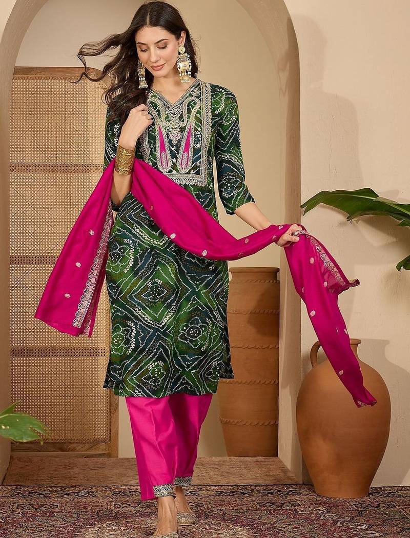 women bandhani printed regular thread work kurta with pyjamas & with dupatta