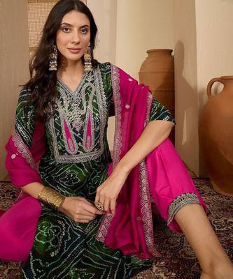 women bandhani printed regular thread work kurta with pyjamas & with dupatta 2