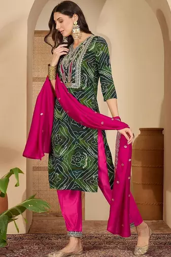 women bandhani printed regular thread work kurta with pyjamas & with dupatta