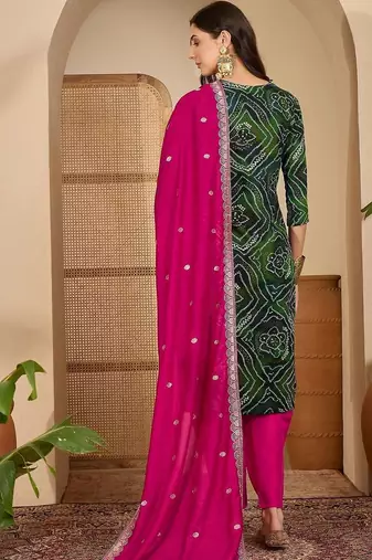 women bandhani printed regular thread work kurta with pyjamas & with dupatta