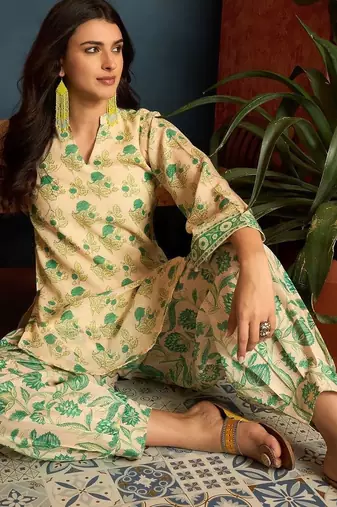 women's linen floral print summer wear short kurti with farshi salwar set