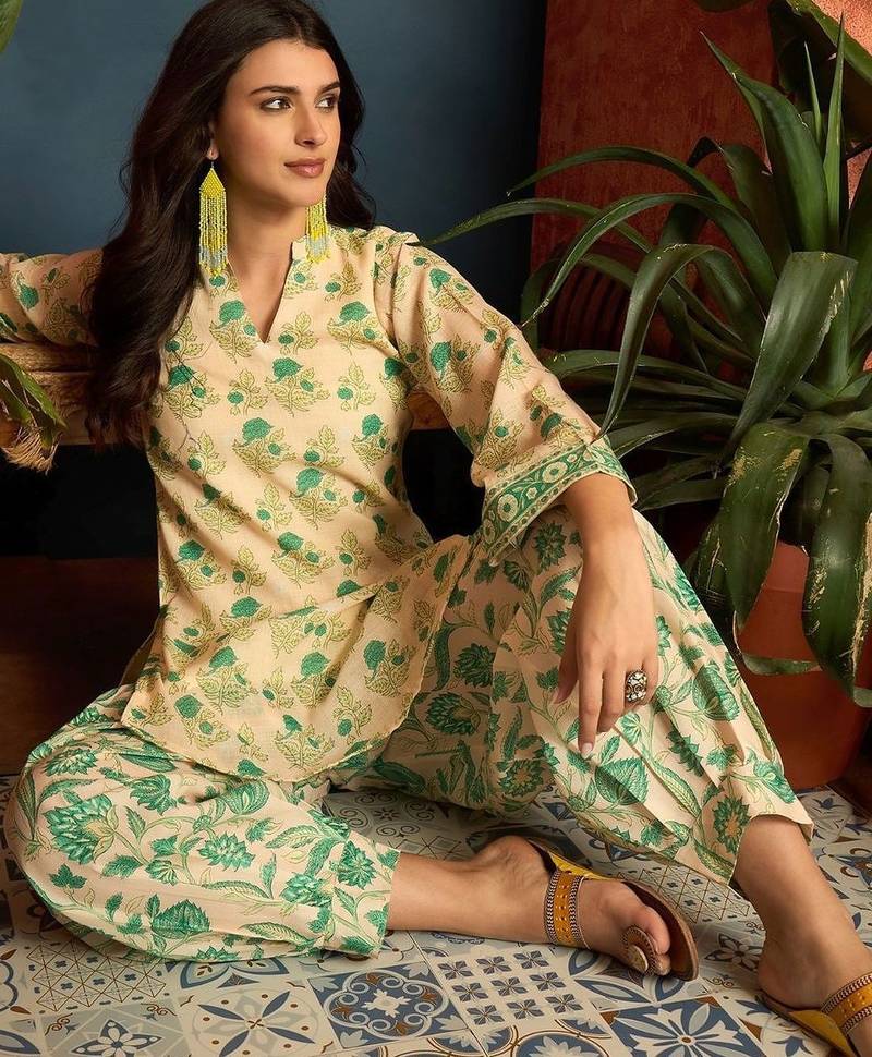 women's linen floral print summer wear short kurti with farshi salwar set