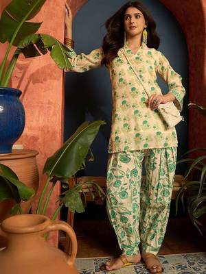 women's linen floral print summer wear short kurti with farshi salwar set 1