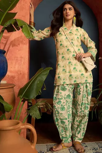 women's linen floral print summer wear short kurti with farshi salwar set