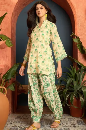 women's linen floral print summer wear short kurti with farshi salwar set
