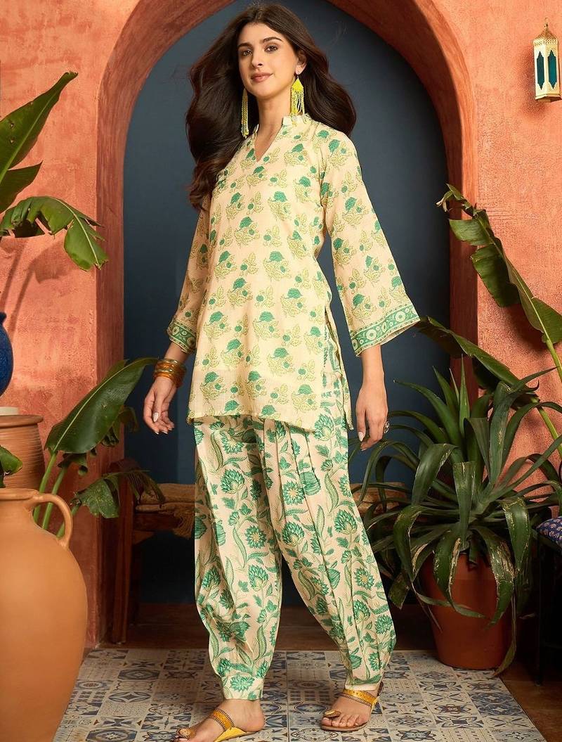 women's linen floral print summer wear short kurti with farshi salwar set