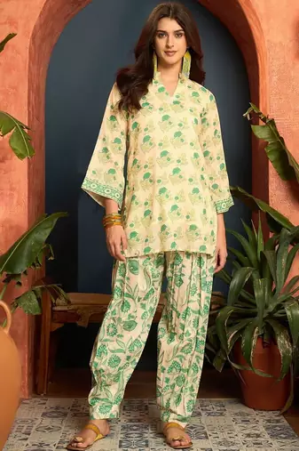 women's linen floral print summer wear short kurti with farshi salwar set