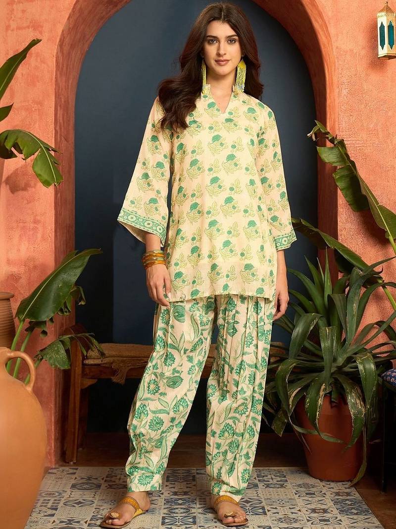 women's linen floral print summer wear short kurti with farshi salwar set