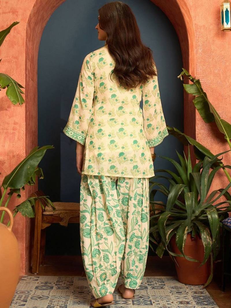 women's linen floral print summer wear short kurti with farshi salwar set