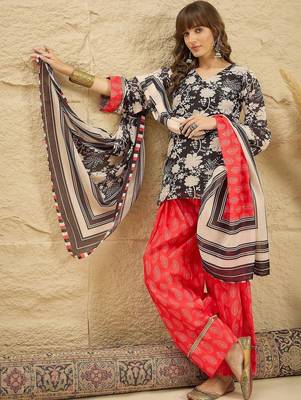 women floral printed regular linen kurta with farshi salwar and dupatta 2
