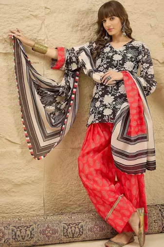 women floral printed regular linen kurta with farshi salwar and dupatta