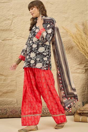 women floral printed regular linen kurta with farshi salwar and dupatta