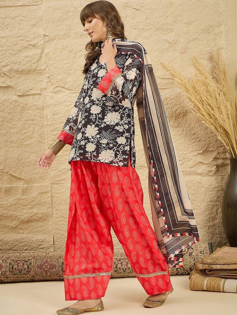 women floral printed regular linen kurta with farshi salwar and dupatta