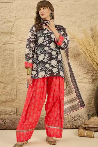 women floral printed regular linen kurta with farshi salwar and dupatta