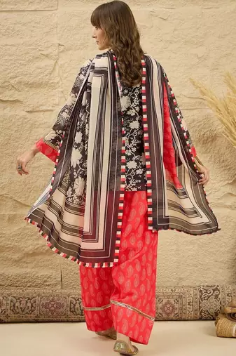 women floral printed regular linen kurta with farshi salwar and dupatta