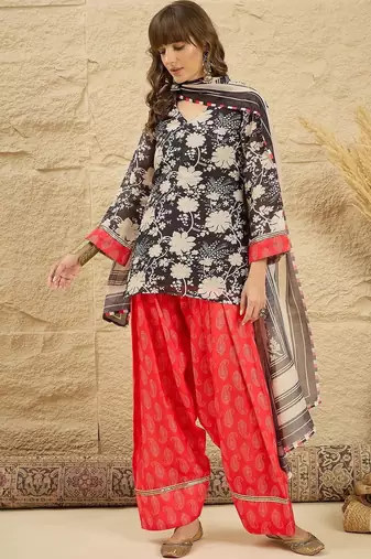 women floral printed regular linen kurta with farshi salwar and dupatta