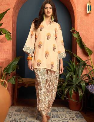 women's linen floral print summer wear short kurti with farshi salwar set 1