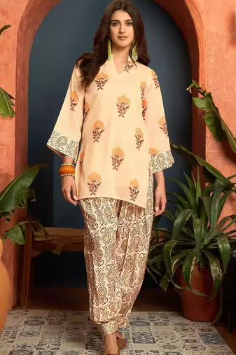 women's linen floral print summer wear short kurti with farshi salwar set