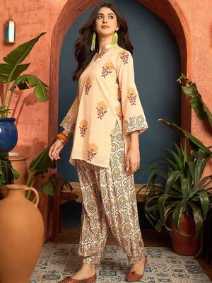 women's linen floral print summer wear short kurti with farshi salwar set 3