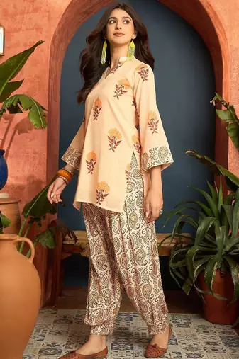 women's linen floral print summer wear short kurti with farshi salwar set