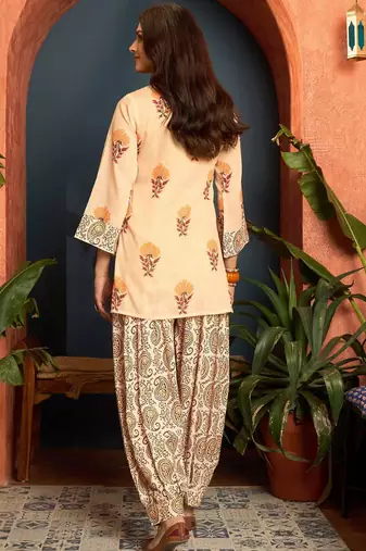 women's linen floral print summer wear short kurti with farshi salwar set