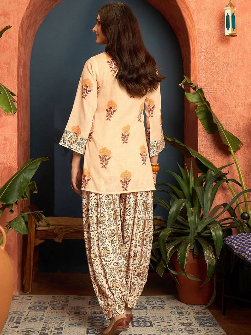 women's linen floral print summer wear short kurti with farshi salwar set