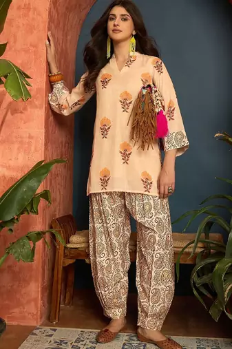 women's linen floral print summer wear short kurti with farshi salwar set