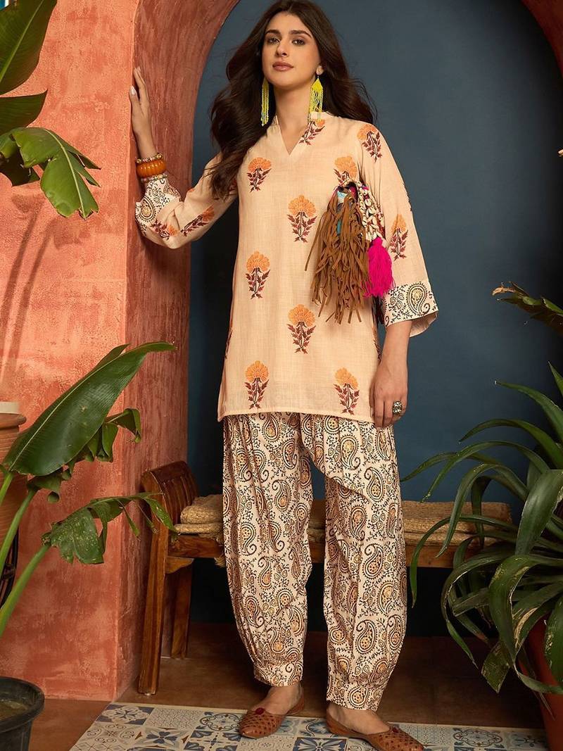 women's linen floral print summer wear short kurti with farshi salwar set
