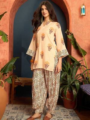 women's linen floral print summer wear short kurti with farshi salwar set 6