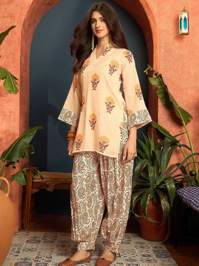 women's linen floral print summer wear short kurti with farshi salwar set