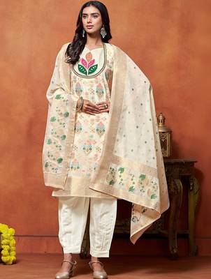 women ethnic motifs embroidered regular thread work chanderi silk kurta with patiala & with 1