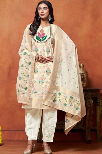 women ethnic motifs embroidered regular thread work chanderi silk kurta with patiala & with