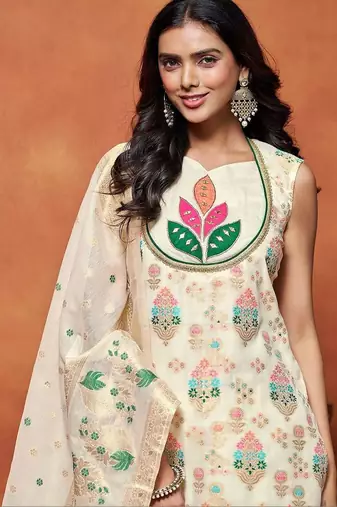 women ethnic motifs embroidered regular thread work chanderi silk kurta with patiala & with