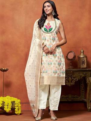 women ethnic motifs embroidered regular thread work chanderi silk kurta with patiala & with 3