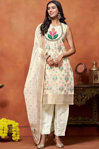 women ethnic motifs embroidered regular thread work chanderi silk kurta with patiala & with