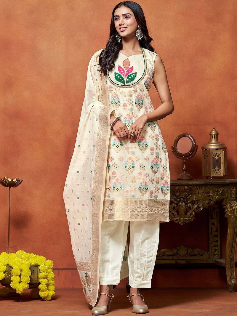 women ethnic motifs embroidered regular thread work chanderi silk kurta with patiala & with