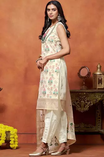 women ethnic motifs embroidered regular thread work chanderi silk kurta with patiala & with
