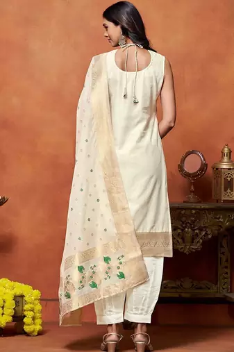 women ethnic motifs embroidered regular thread work chanderi silk kurta with patiala & with