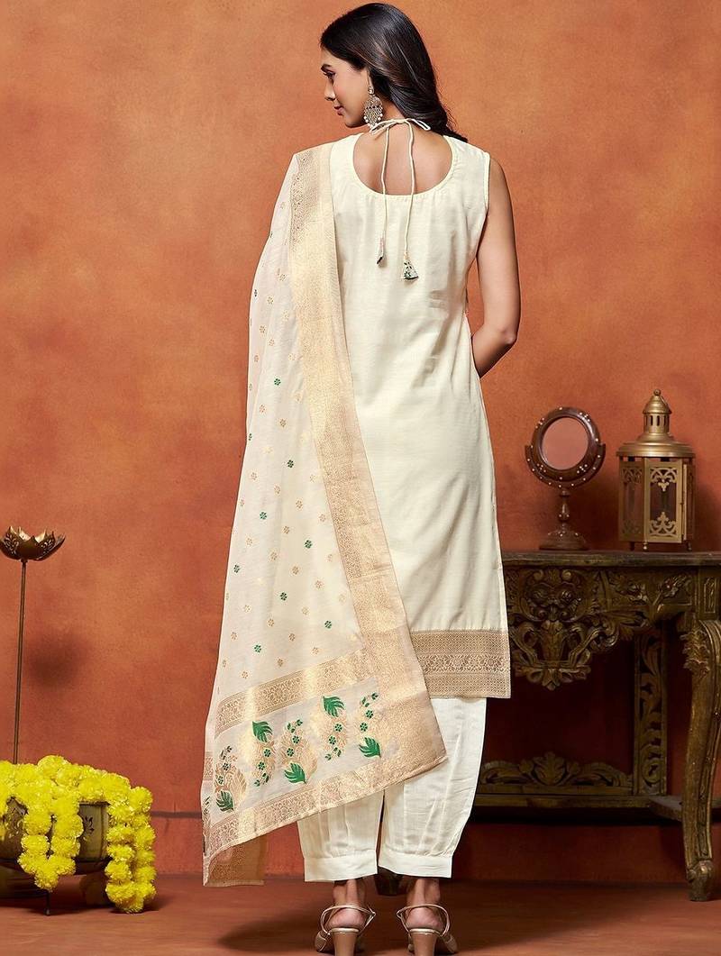 women ethnic motifs embroidered regular thread work chanderi silk kurta with patiala & with