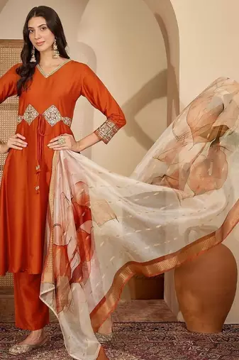 women ethnic motifs embroidered regular patchwork kurta with palazzos & with dupatta