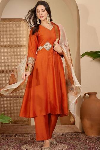 women ethnic motifs embroidered regular patchwork kurta with palazzos & with dupatta