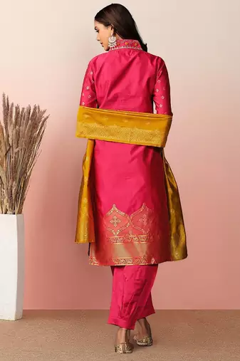 women regular thread work kurta with trousers & with dupatta