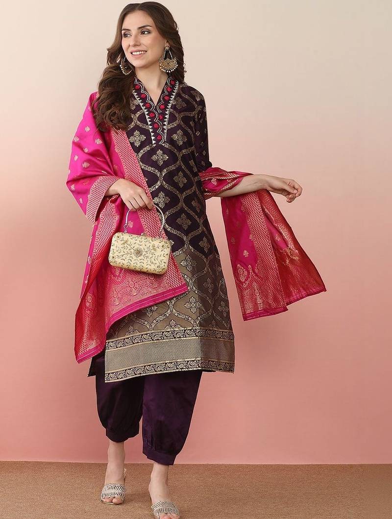 women ethnic motifs regular thread work kurta with patiala & with dupatta