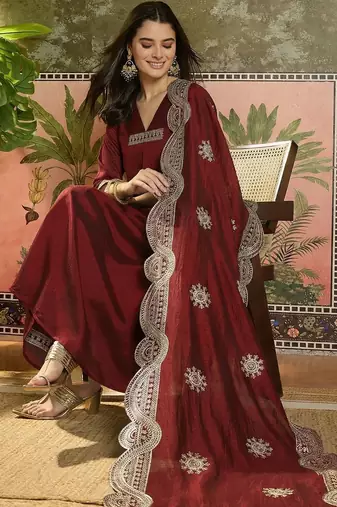 women ethnic motifs embroidered tiered thread work kurta with palazzos & with dupatta