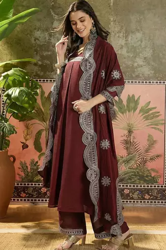women ethnic motifs embroidered tiered thread work kurta with palazzos & with dupatta