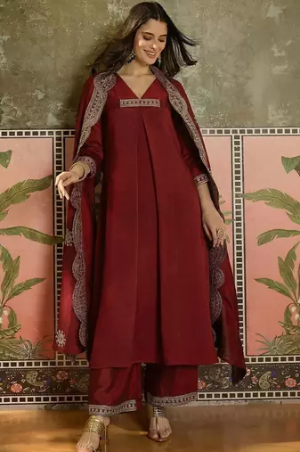 women ethnic motifs embroidered tiered thread work kurta with palazzos & with dupatta