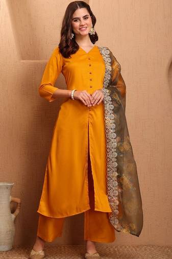 women floral regular thread work kurta with palazzos & with dupatta